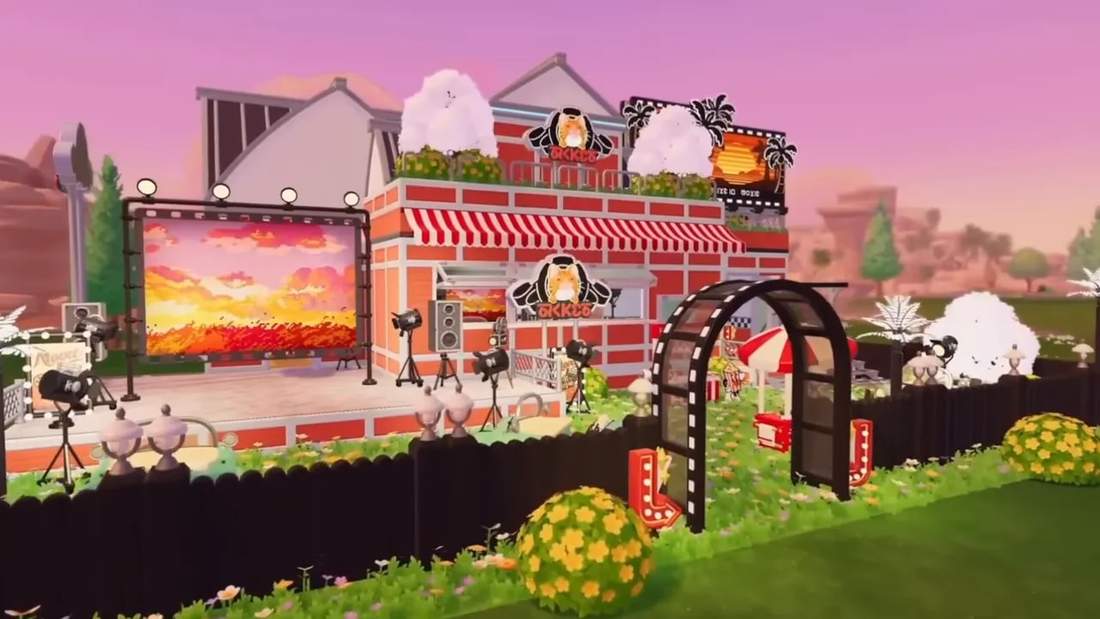 Drive-in cinema exterior with stage, marquee, archway and decorations