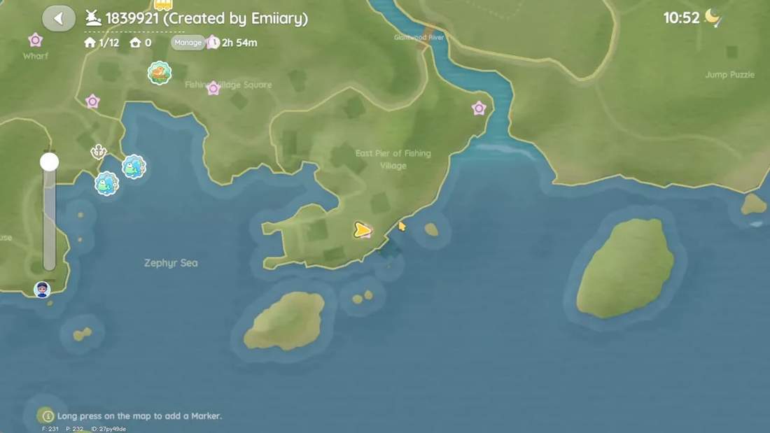 Map of Fishing Village and surrounding isles with a yellow player marker at the south edge of the East Pier, showing the shard location.