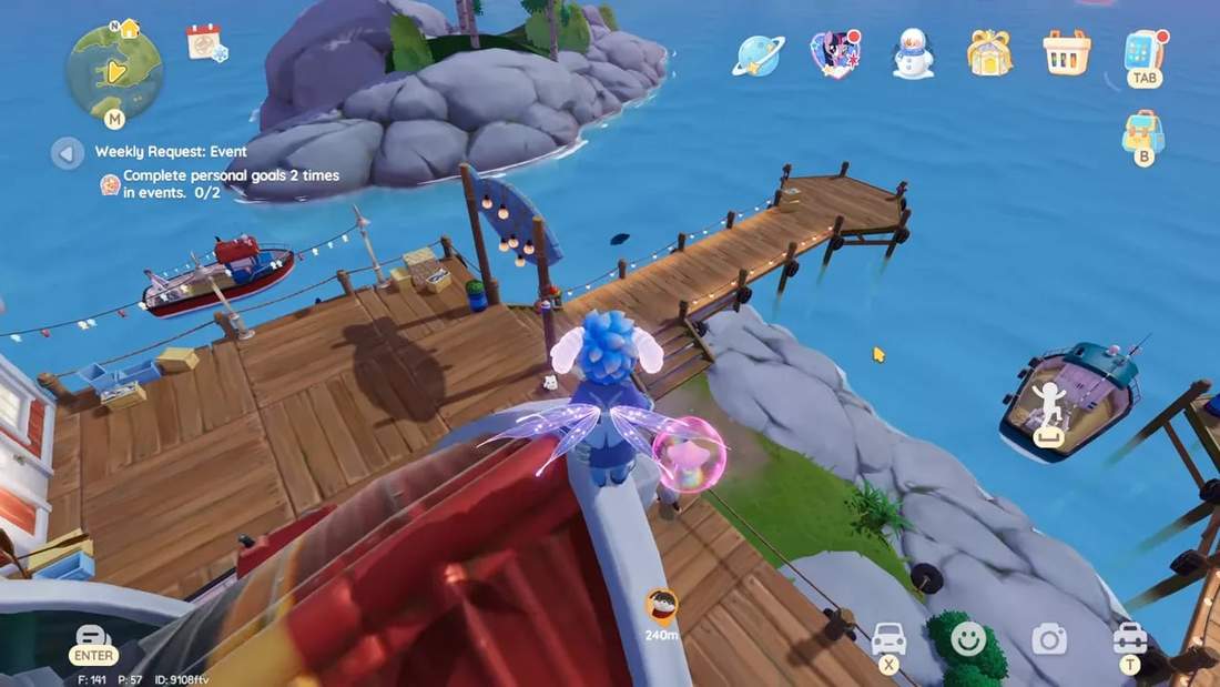 Player standing on a roof overlooking the east pier and dock with a pink bubble visible near the roof edge