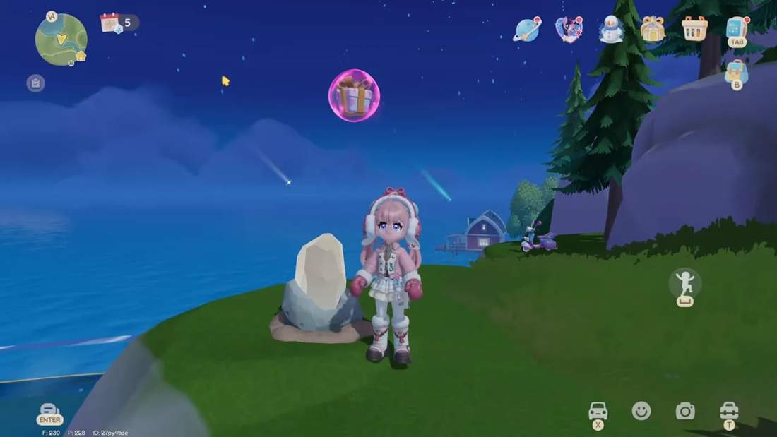 White Starfall shard at the east pier edge with character and falling meteors in the sky