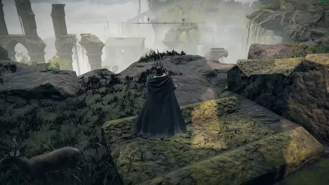 Elden Ring gameplay screenshot with the player character standing on a hill overlooking ruins in a foggy distance