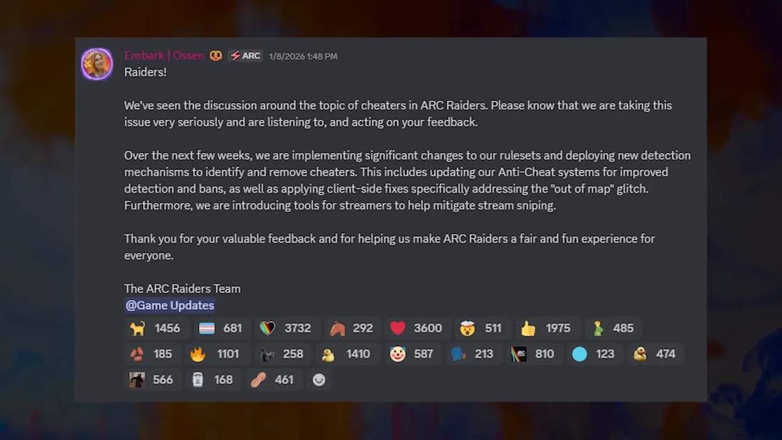 Crisp screenshot of Embark Studios Discord message announcing upcoming anti-cheat changes and out-of-map fixes