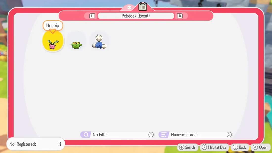 Event Pokédex screen showing small icons for Hoppip, Skiploom, and Jumpluff with 'No. Registered: 3'.