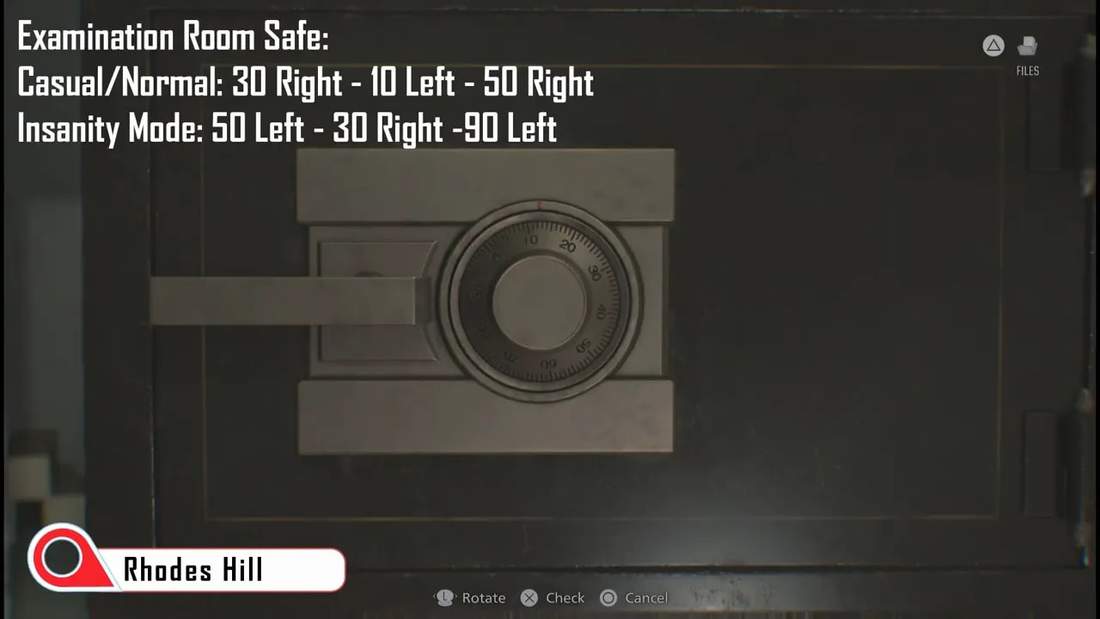 Close-up of the examination room safe dial with overlay text showing Casual/Normal combination 30 right, 10 left, 50 right