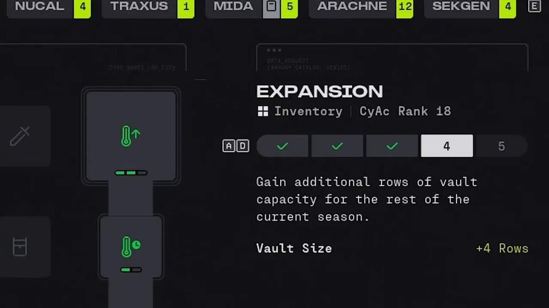 Marathon Expansion upgrade screen showing 'Vault Size +4 Rows' and description text