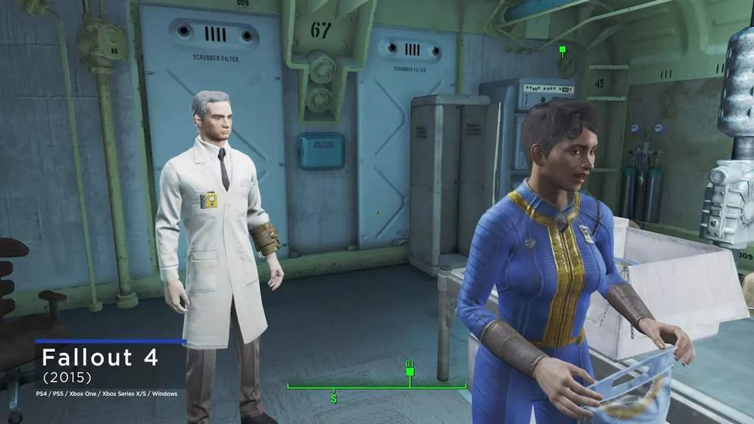 Vault interior with Vault-Tec staff and on-screen Fallout 4 title overlay, showing characters in the medical area