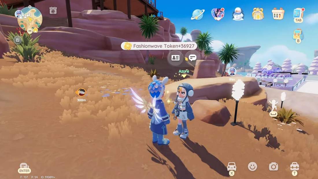 In‑game view of two player avatars with a pop‑up reading 'Fashionwave Token +36927', showing token gain from a bug event turn‑in.