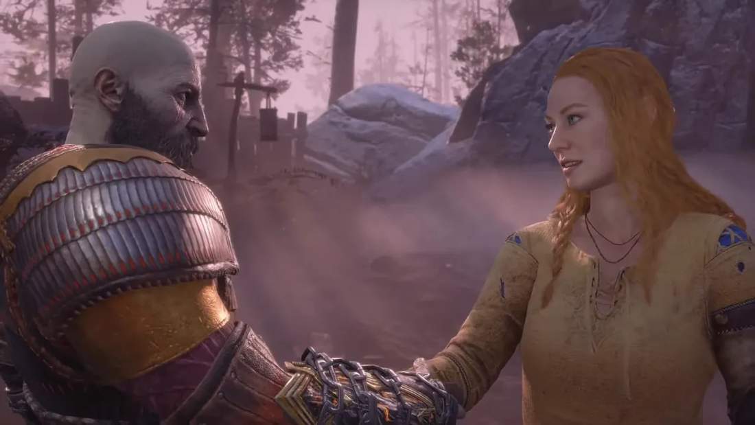 Kratos and Fay standing face-to-face in a misty forest clearing with warm cinematic light