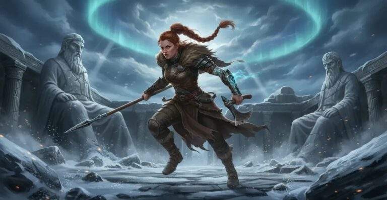 Fay, a new God of War protagonist, charging through a ruined Norse temple with glowing runes, shattered statues and stormy skies