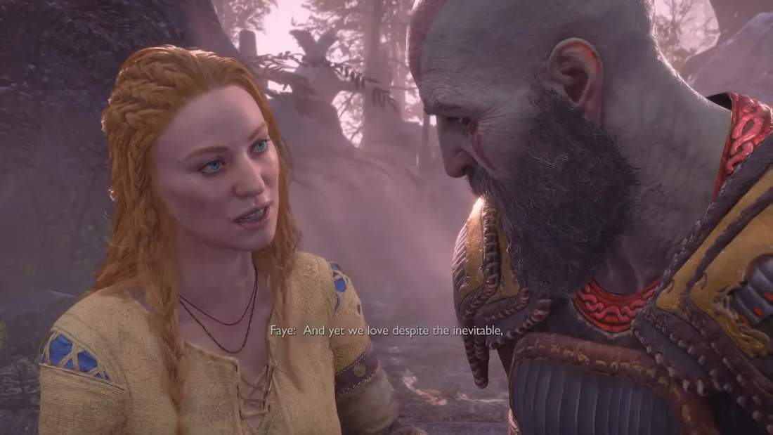 Screenshot from God of War showing Faye talking to Kratos with on-screen subtitle 'Faye: And yet we love despite the inevitable.'