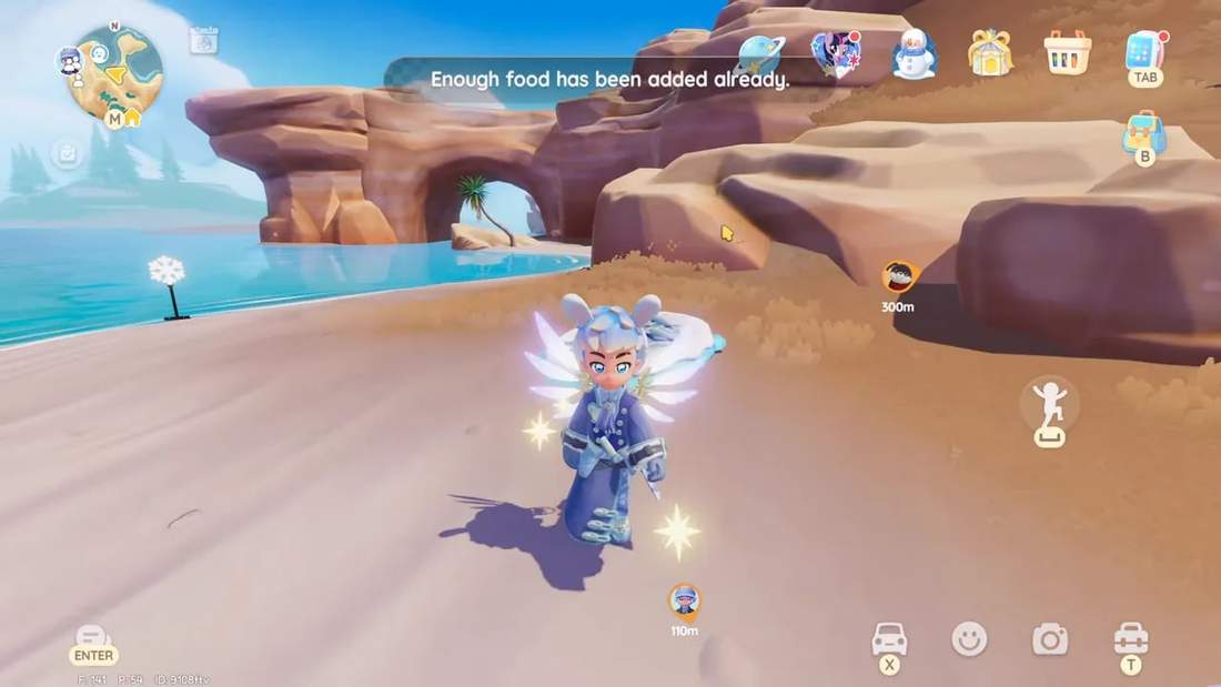 In-game message 'Enough food has been added already' above the player on a beach, showing companion feeding feedback.