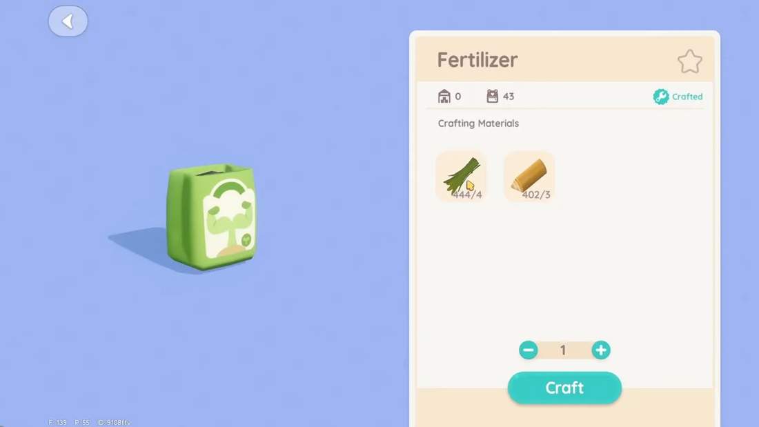 Heartopia Fertilizer crafting screen with a 3D fertilizer bag model on the left and required materials (weeds and wood) plus the Craft button on the right.