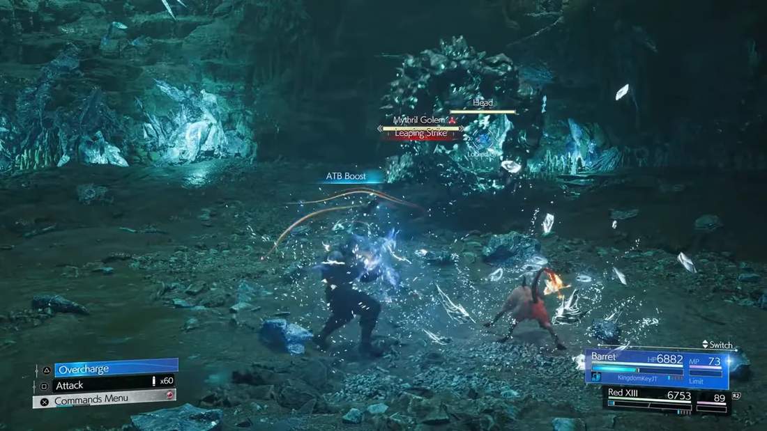 Final Fantasy VII Rebirth gameplay screenshot with ATB boost, party members and combat HUD visible