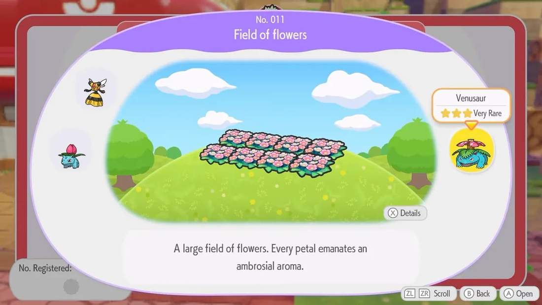 Field of flowers menu screen with flower-bed preview and Venusaur marked as very rare (three stars)