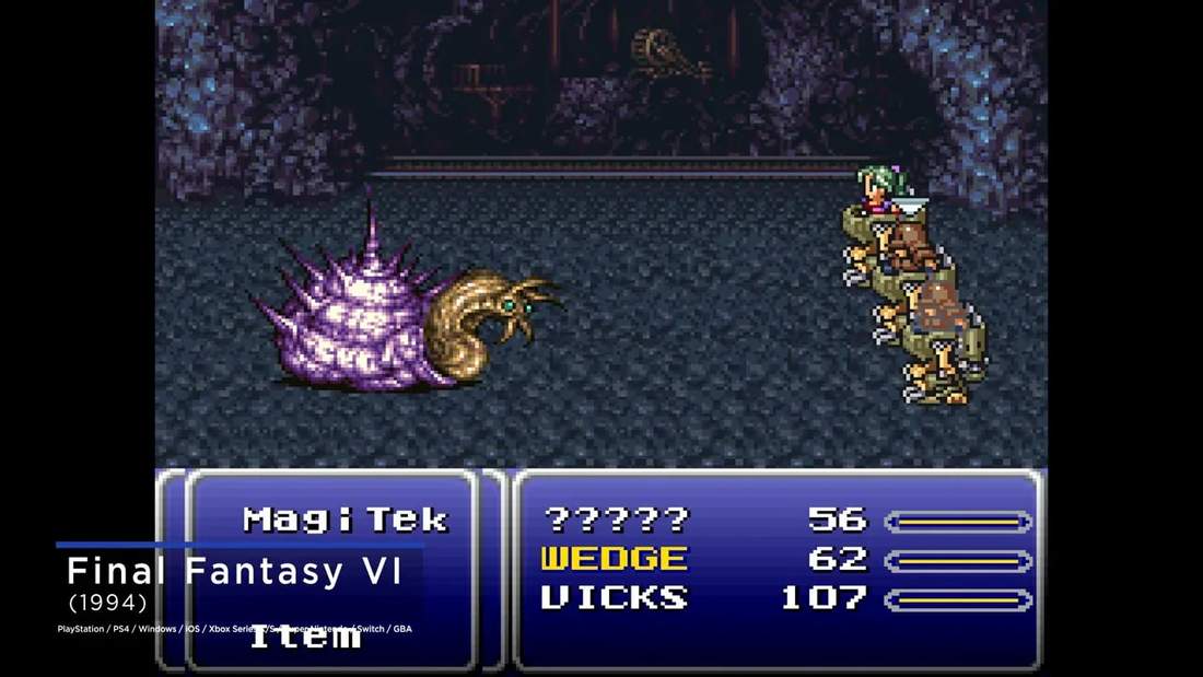 Final Fantasy VI active time battle screen with magic and damage counters
