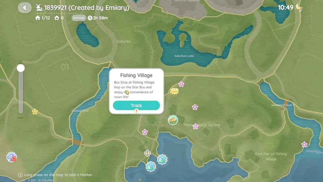 Popup showing Fishing Village bus stop on the map with Track button