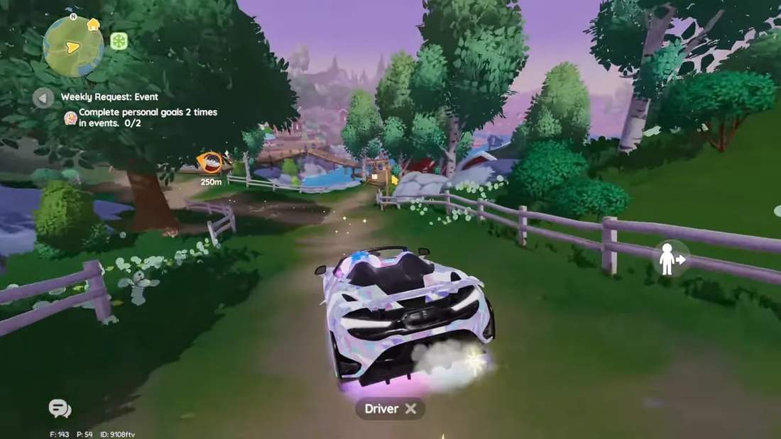 Car driving down a tree-lined path toward the fishing village docks with the dock and stalls visible ahead.