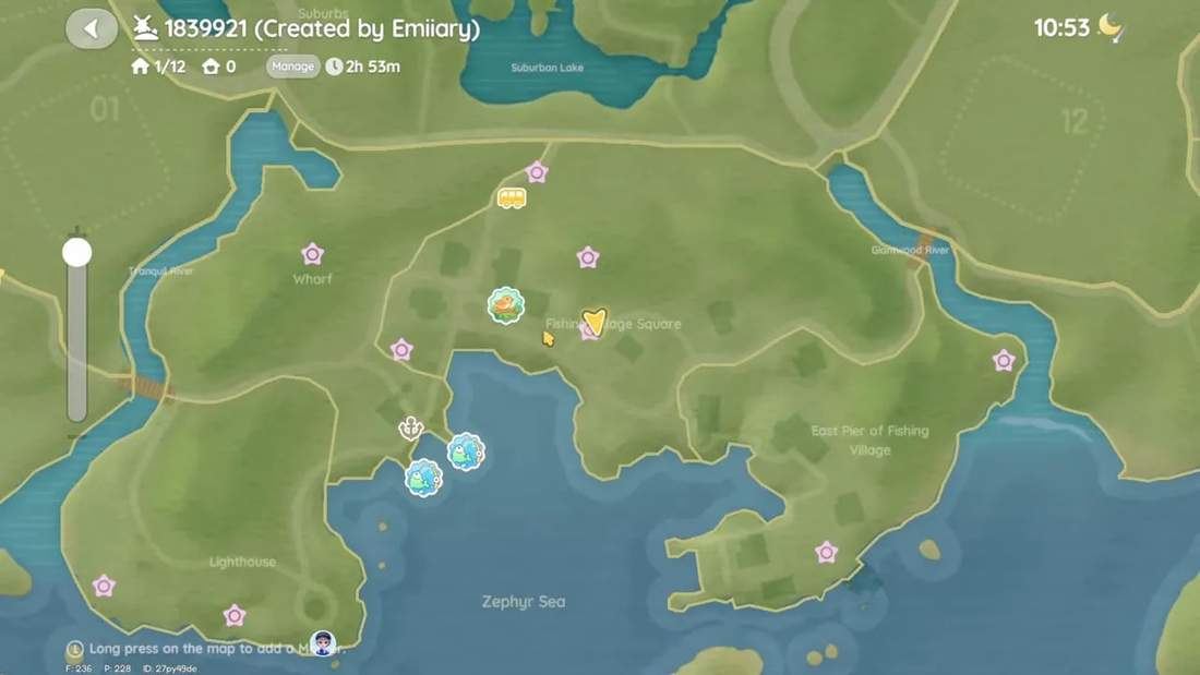 Map zoom on Fishing Village Square with turquoise shard marker visible