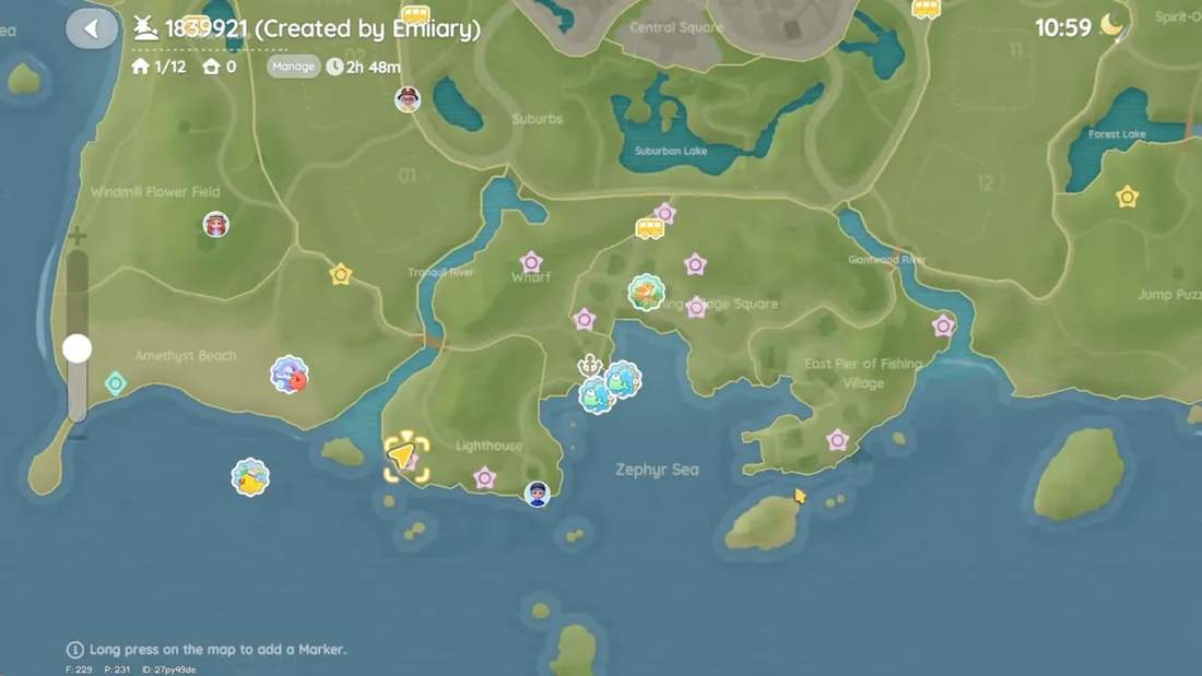 full Fishing Village map showing all Starfall shard markers and route around Zephyr Sea and the lighthouse