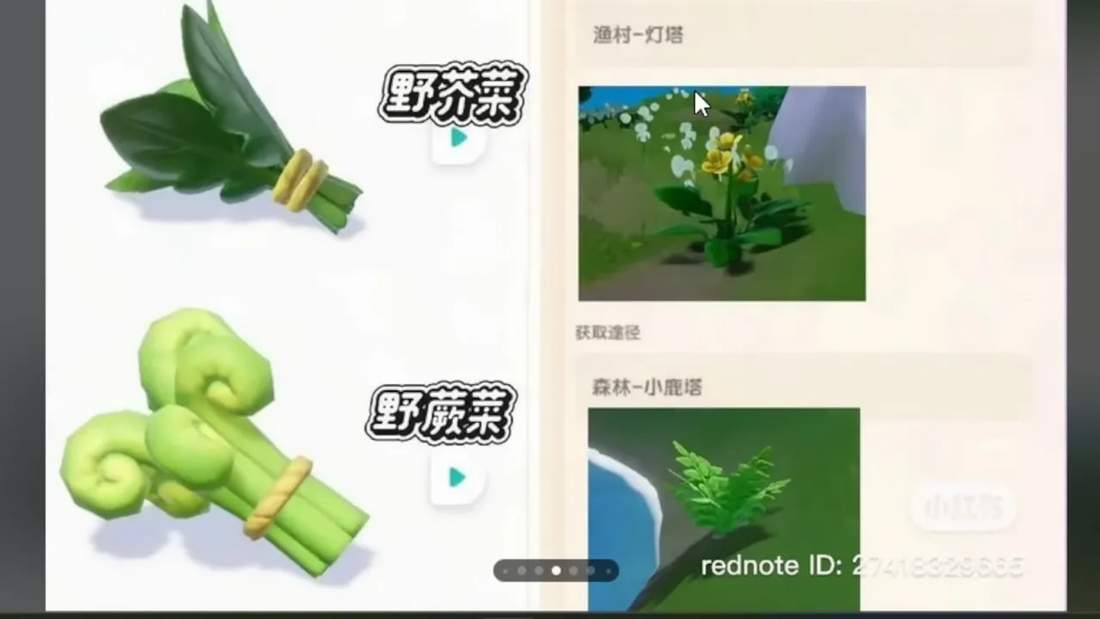 In-game catalog page displaying forage plant models on the left and in-world preview images on the right