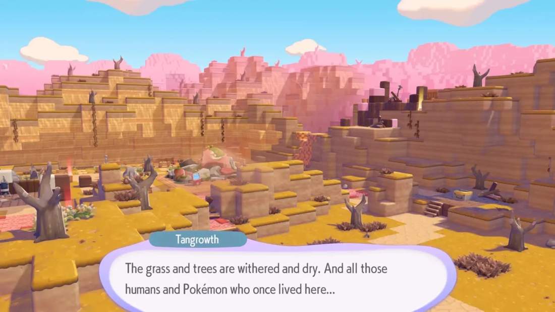 Wide shot of dry, ruined Fuchsia City with Tangrowth dialogue about withered grass and trees