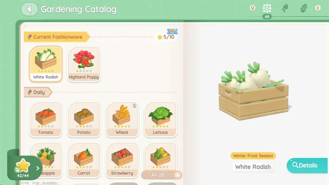 Gardening catalog screen showing White Radish and Highland Poppy as current Fashionwave-exclusive crops with a large White Radish crate preview.