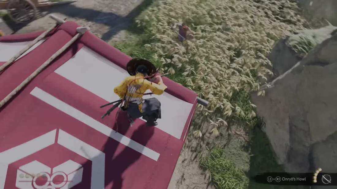 Ghost of Yotei rooftop view over camp and tall grass with enemy below