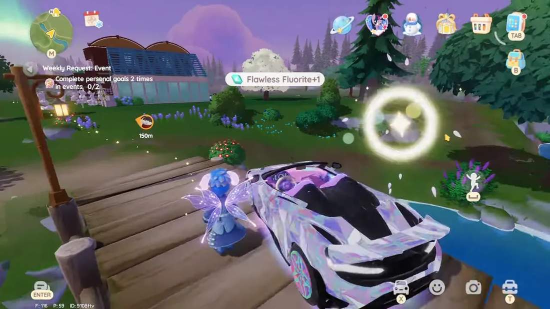 Player and car on a small wooden bridge next to a glowing present pickup labeled 'Flawless Fluorite+1'.