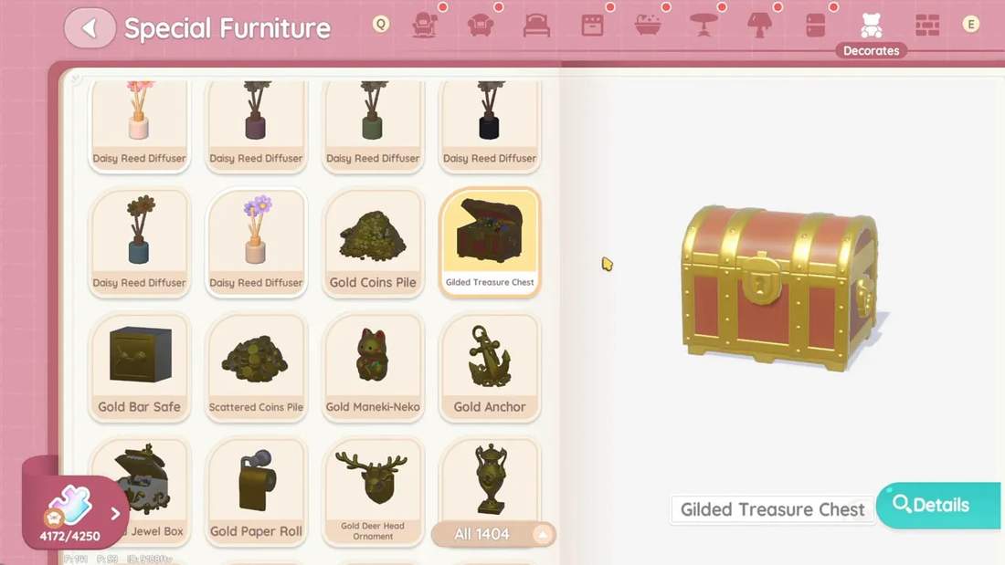 In-game preview of a gilded treasure chest from Heartopia's special furniture menu