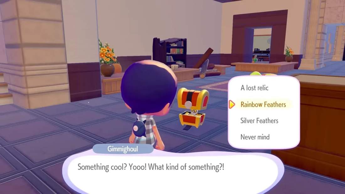 Gimmighoul trade menu open with 'Rainbow Feathers' highlighted and the player character standing nearby