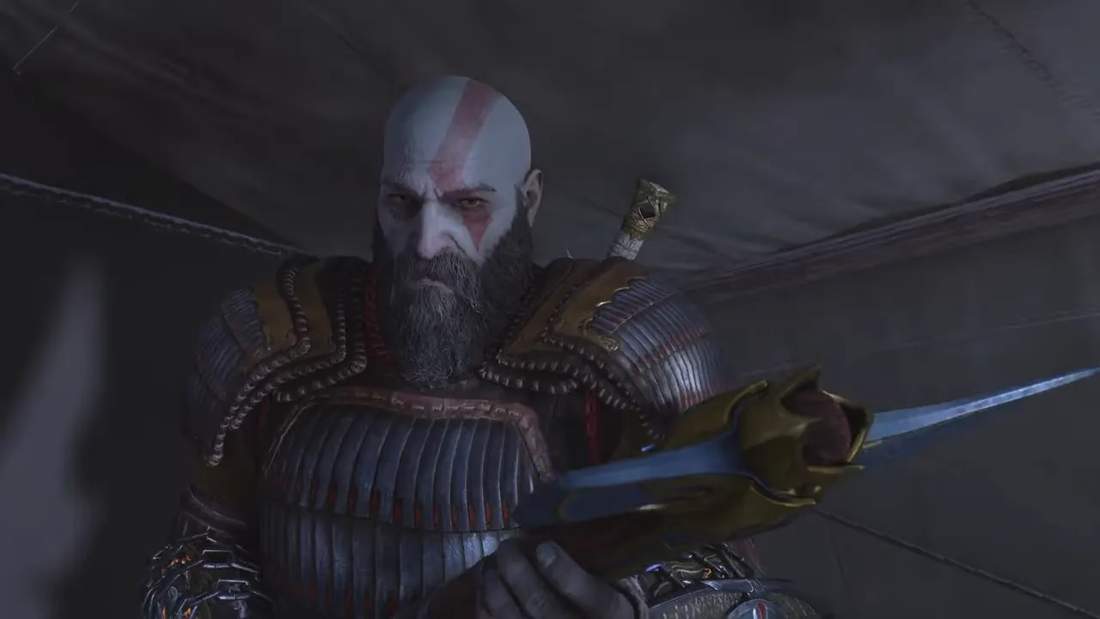 High‑resolution in‑game shot of protagonist looking at a blade, showing facial detail and armor