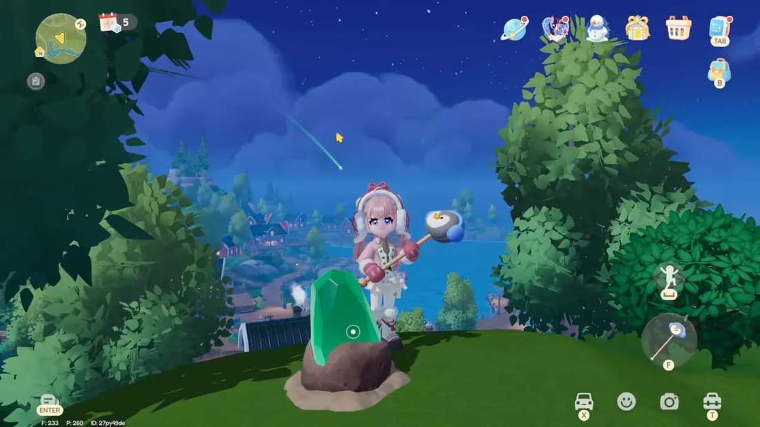 Clear third-person shot of a green Starfall shard on a hilltop with the Fishing Village visible below and a meteor streaking in the sky.