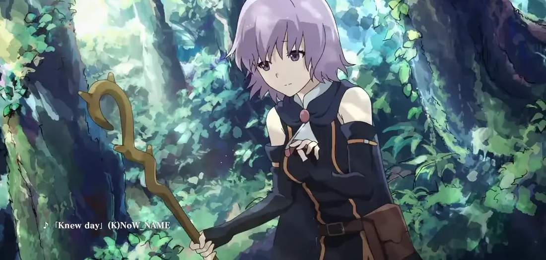 Female character holding a staff in a lush forest scene
