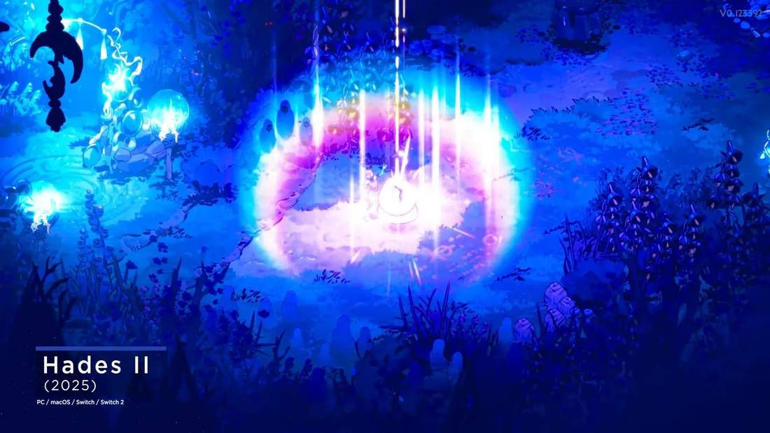 Hades II gameplay: bright blue and purple ability explosion with the 'Hades II (2025)' title in the corner and HUD elements visible.