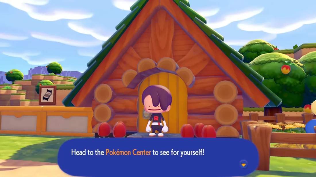 Player character in front of a wooden house with on-screen dialogue 'Head to the Pokémon Center to see for yourself!'