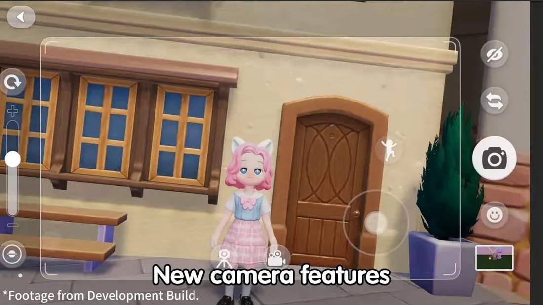 Heartopia camera interface showing on‑screen controls, exposure slider and a character posed in front of a doorway with text 'New camera features'.