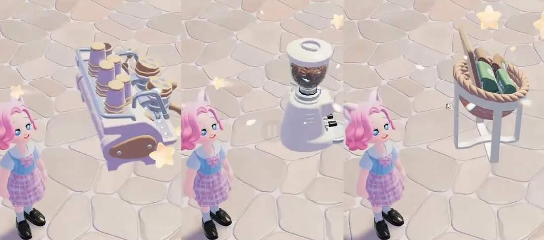 Clear Heartopia shot of the coffee furniture set showing an espresso machine, grinder, and coffee bean display next to the player character