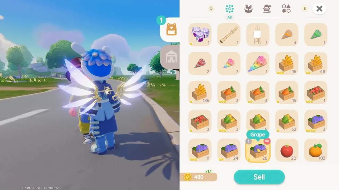 Heartopia inventory with grape item selected and the sell value of 480 gold visible at the bottom.