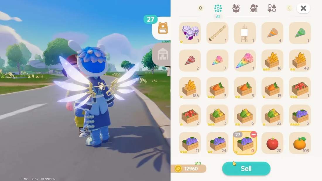 Heartopia inventory screen showing grape boxes and a coin total of 12,960 gold