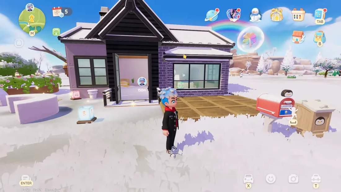 Player standing in front of a snowy purple-brick house with mailbox and rainbow in Heartopia.
