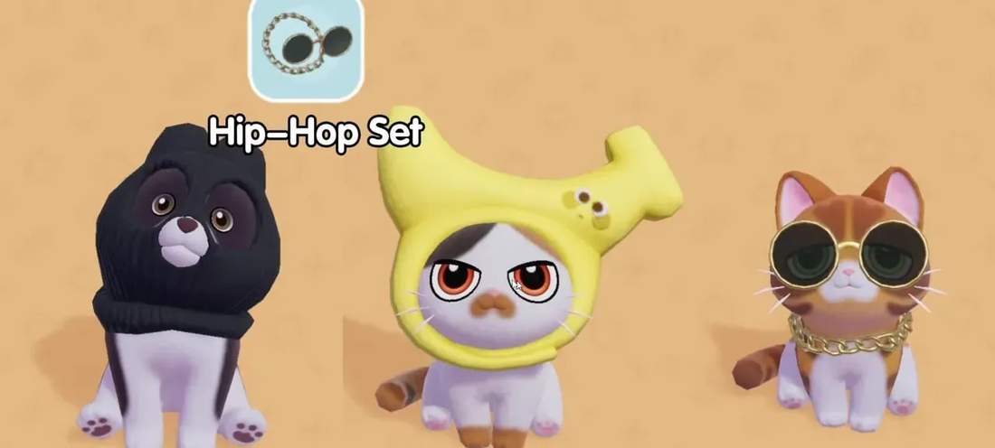 Three Heartopia pets wearing hip-hop, banana and sunglasses costumes on an orange backdrop