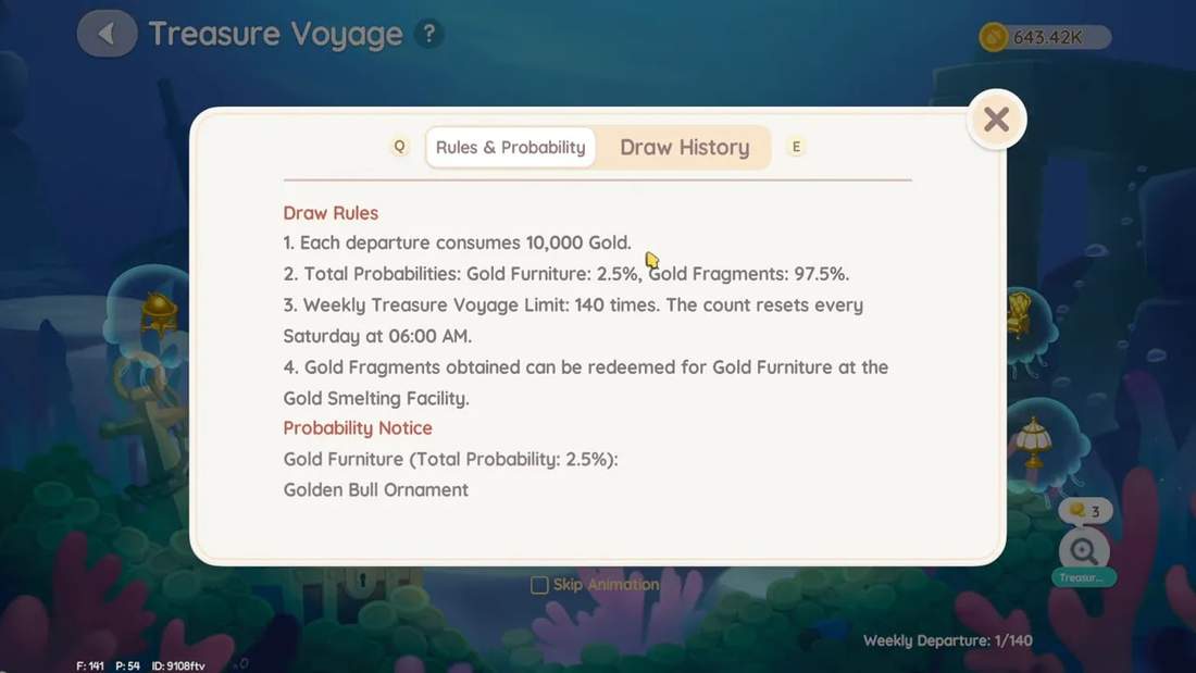 Heartopia Treasure Voyage draw rules including 140 weekly departures and Saturday 6:00 AM reset