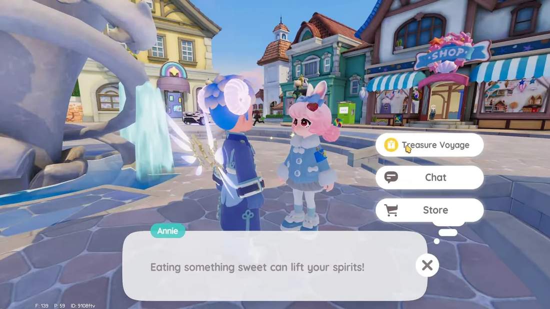 Heartopia dialogue UI with Treasure Voyage and Chat/Store options as Annie guides the quest