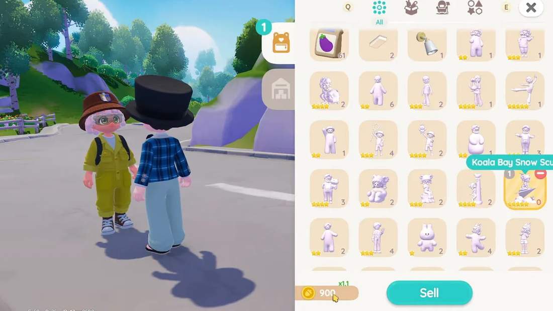 Highlighted snow sculpture in Heartopia inventory with sell total showing 900 gold and star ratings