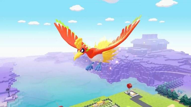 Ho-Oh flying over a colorful island landscape