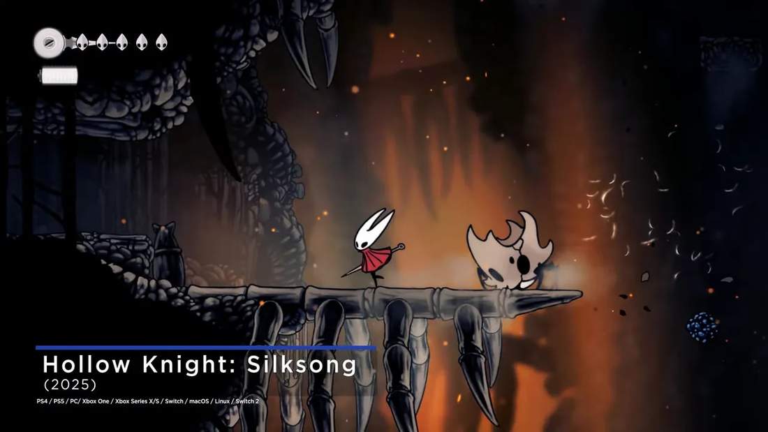 Hollow Knight: Silksong gameplay showing Hornet on a bridge with an enemy and HUD