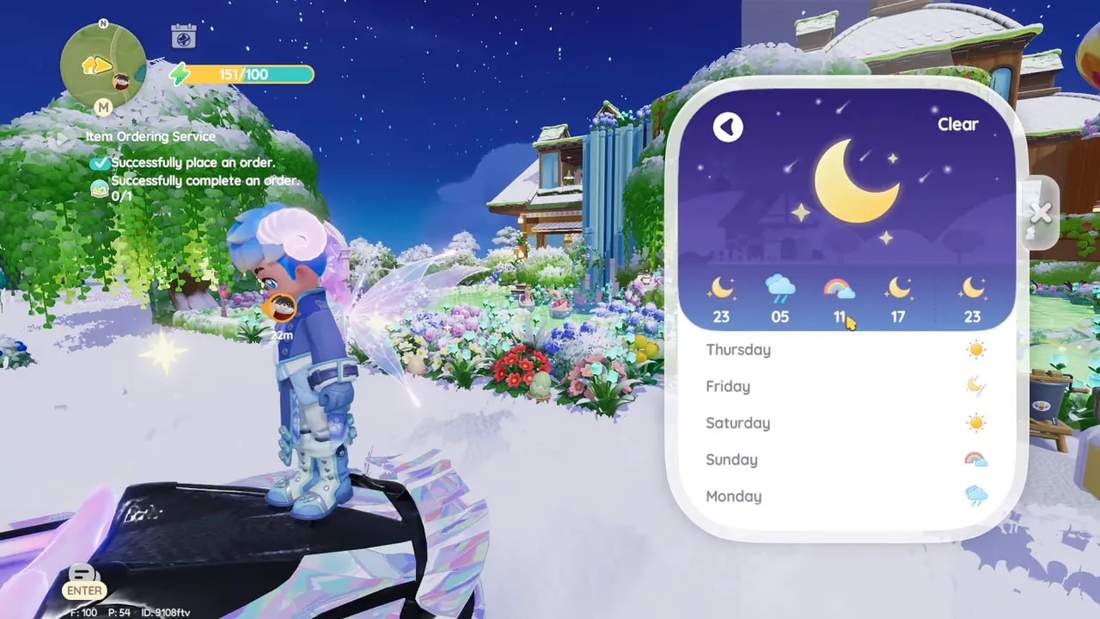 Clear in-game screenshot of the player at their home garden in a snowy Heartopia environment with the weather/menu panel open, showing icons and a list.