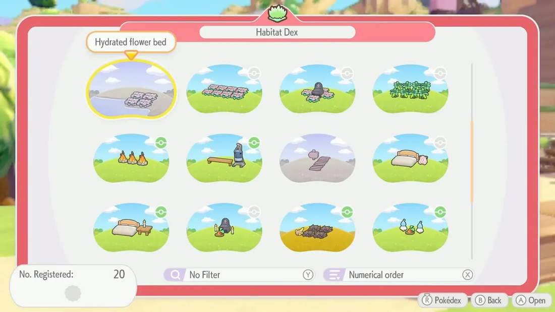 Habitat Dex grid showing multiple habitat thumbnails with 'Hydrated flower bed' highlighted at the top left