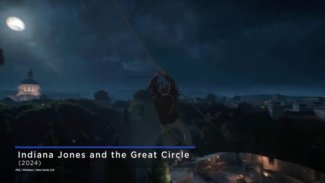 Indiana Jones character ziplining over a lit cityscape at night with the game's title overlay