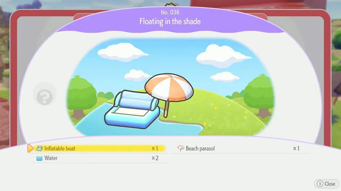 Habitat details screen listing required items for 'Floating in the shade' — Inflatable boat x1, Beach parasol x1, Water x2.